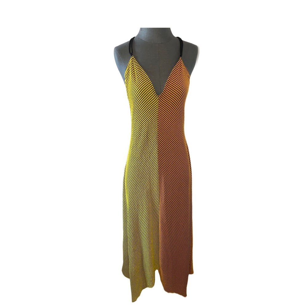 COPY - Zara Women’s M Lime green/Orange/black striped asymmetrical summer halte…